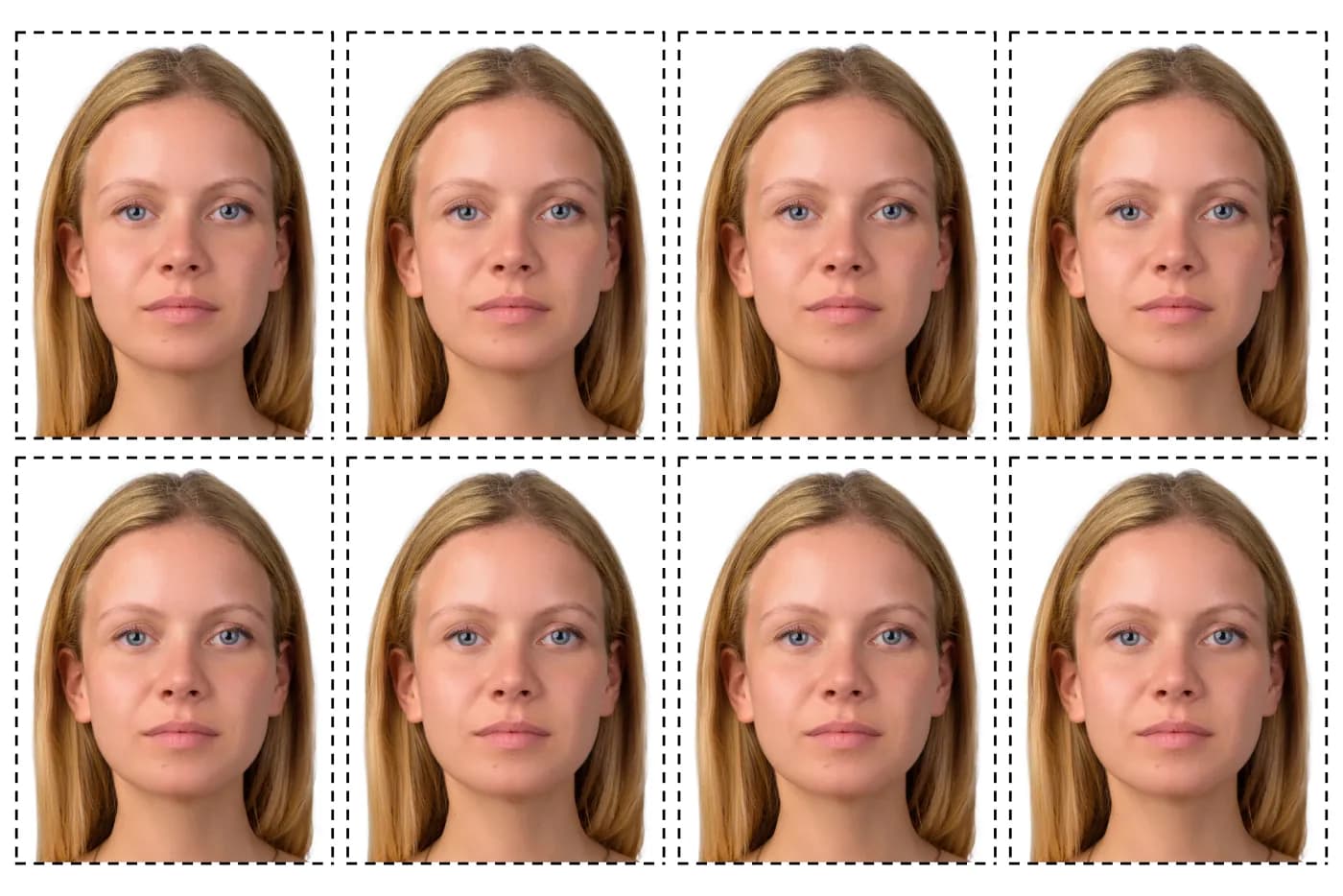 8 35×45 mm (passport) · 51×51 mm (visa/OCI) biometric photos arranged on a 10 × 15 cm print sheet