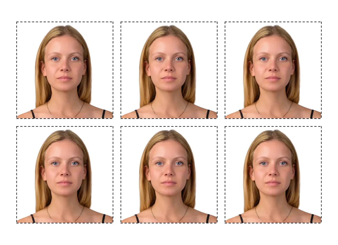 6 2×2 inch (51×51 mm) biometric photos arranged on a 13 × 18 cm print sheet