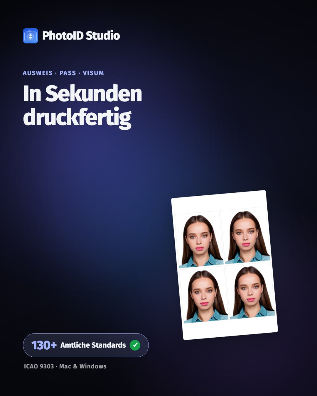 Die Oberfläche von PhotoID Studio beim Zuschneiden eines Passbilds nach Ländervorlage