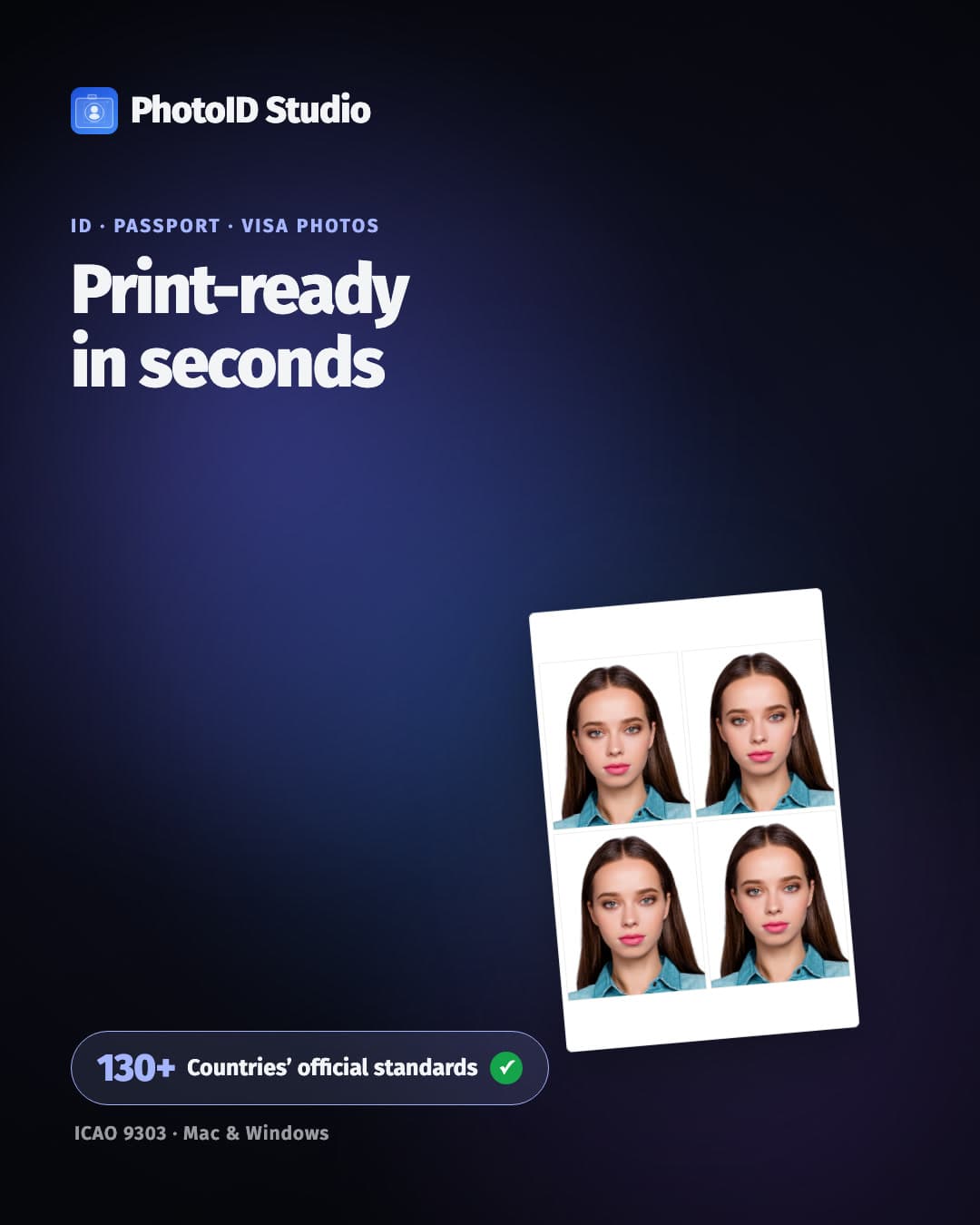 The PhotoID Studio interface cropping an ID photo to a country template