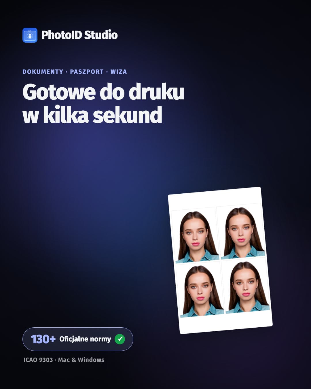 Interfejs PhotoID Studio kadrujący zdjęcie do dokumentów według szablonu kraju
