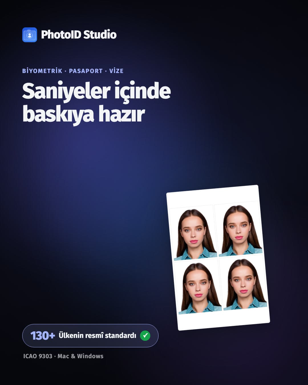 PhotoID Studio arayüzünde bir kimlik fotoğrafının ülke şablonuna göre kırpılması