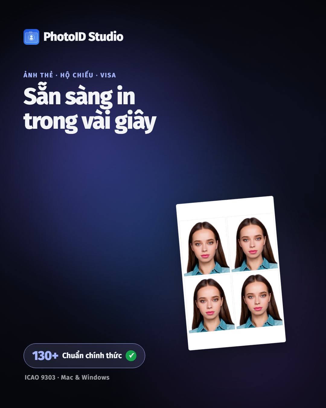 Giao diện PhotoID Studio đang cắt ảnh thẻ theo mẫu của một quốc gia